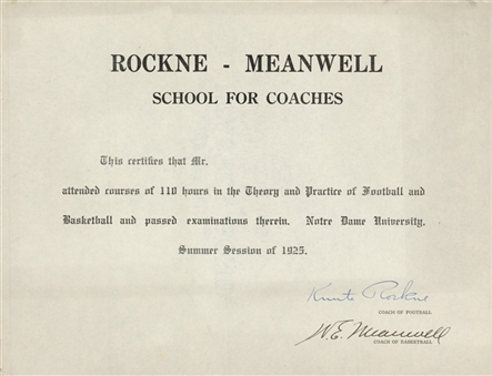 1925 Knute Rockne Signed Notre Dame University Certificate (Beckett MINT 9)